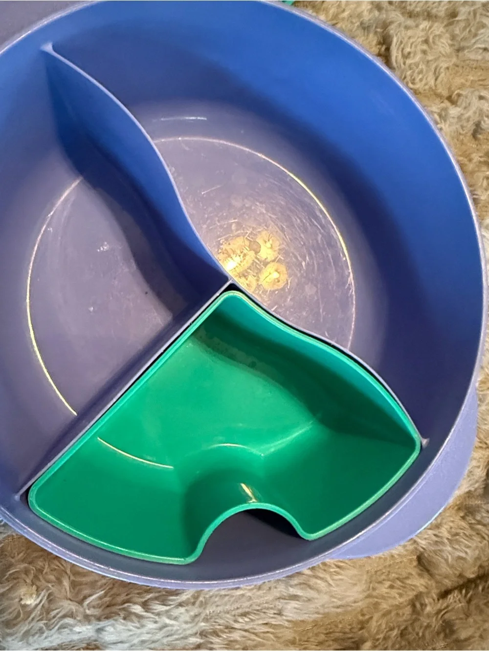 Vintage Tupperware Divided Snack Plate with Lid in Teal, Purple & Yellow